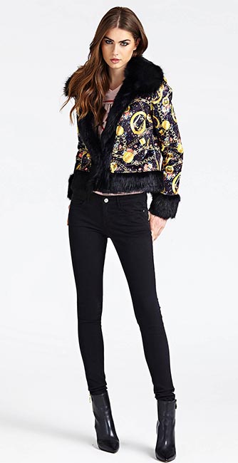 Faux Fur detailed jacket and jeans from Guess