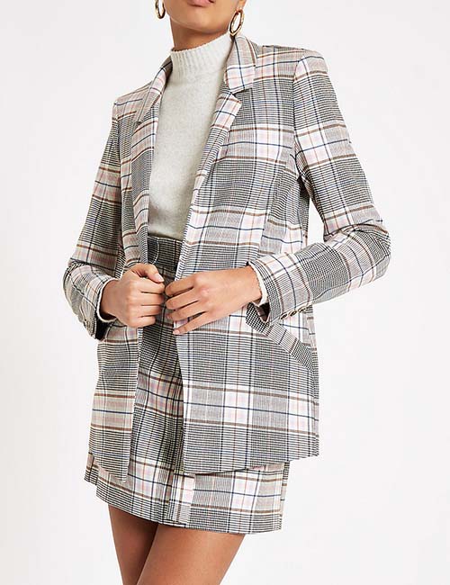 Pink Check Open Front Blazer from River Island