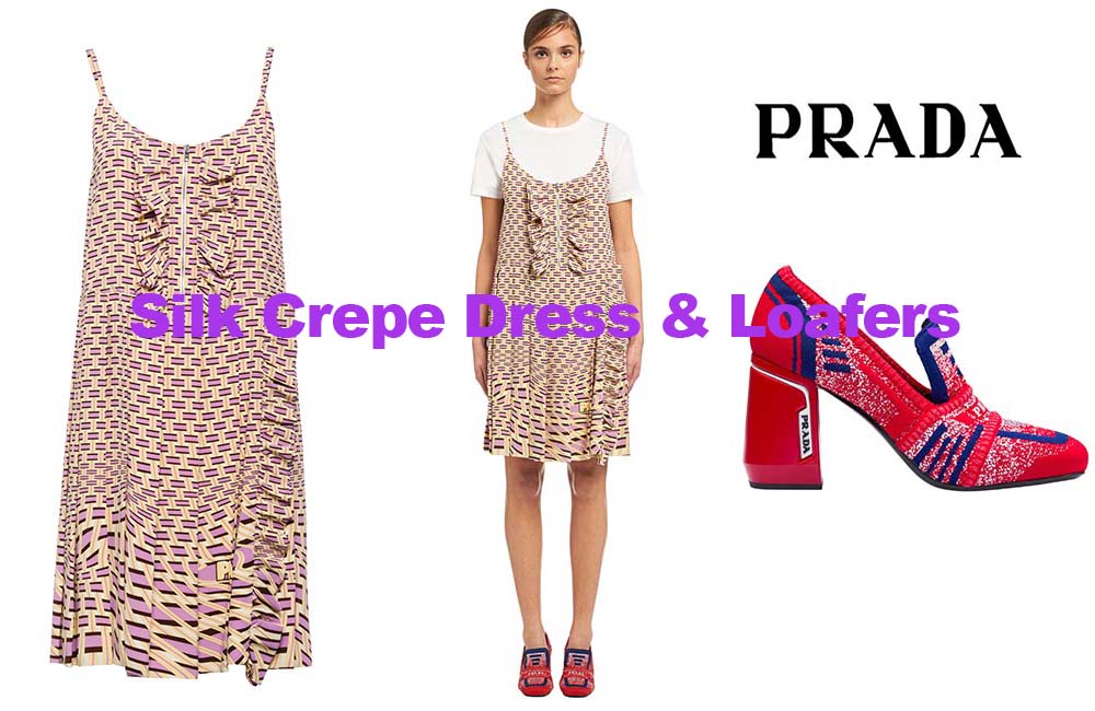 Silk crepe dress and loafers from Prada