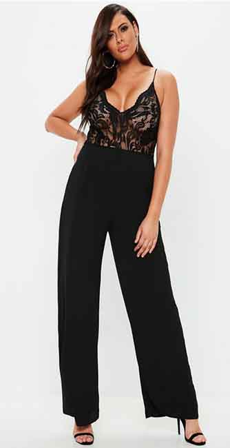 Plus Size Black Lace Plunge Wide Leg Jumpsuit